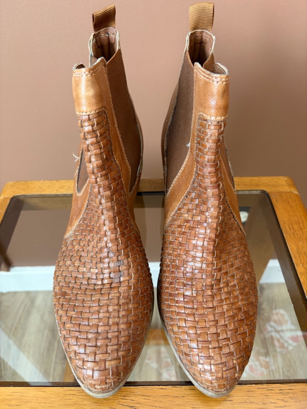 Skyller Woven Leather Chelsea Booties Tan Size 8